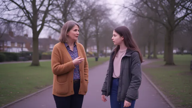 A pastoral practitioner and a teenage girl walking side by side along a quiet tree-lined path, mid-conversation, soft overcast daylight